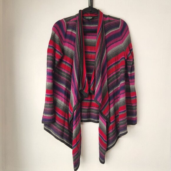 Vintage Lauren Ralph Lauren LRL Linen Blend Striped Open Front Cardigan S - Picture 2 of 7